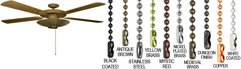 Ceiling fan pull chains made by ball chain manufacturing. This image show the different finishes our pull chains come in: black coated, antique brown, stainless steel, yellow brass, mystic red, nickel plated brass, medieval brass, dungeon finish, copper, and white coated.