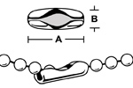 Ball Chain Connector diagram that show how the connector looks and how it connects a piece of ball or bead chain as a clasp.  Used with ball chain necklaces, dog tag necklaces, dog tag chains and more.