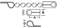 D Coupling Diagram ilustrating how the d coupling is used to connect ball chain to a retaining device. Shows multiple angles.