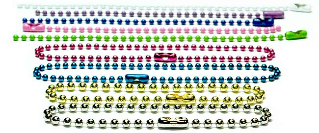 Ball chain key chains made in a variety of colors, sizes, and materials. The original ball chain / bead chain key chain.