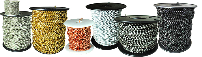 This is a collage of all of our ball chain spools. It contains our stainless steel, aluminum, black, white, copper, brass and nickel plated steel bead chain spools.
